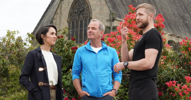 Robson Green and Janette Manrara stood talking with a member o staff at Ushaw Historic House